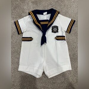 Vintage Toddler Sailor Captain Navy Blue and White Nautical Size 2 Romper